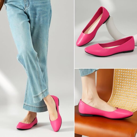 Women's Rose Red PU Leather Closed Toe Slip on Comfortable Ballet Flats Shoes - Picture 6 of 9